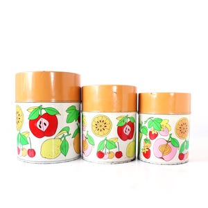 Vintage Mod Fruit Canisters, Set of 3, Colorful Fruit Design, Retro Kitsch, Kitschy Kitchen, Retro Kitchen Tins image 1