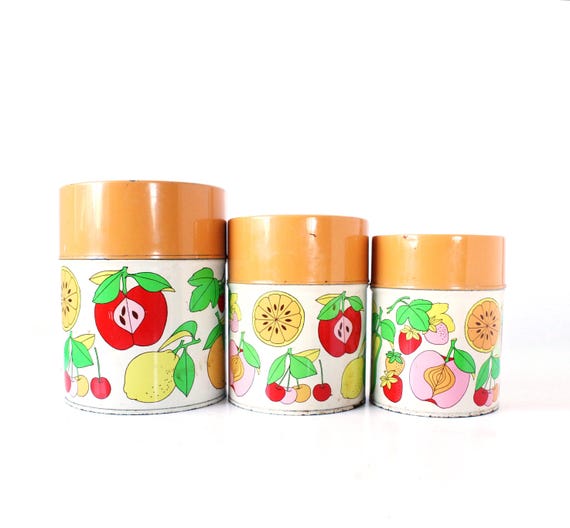 Vintage Mod Fruit Canisters, Set of 3, Colorful Fruit Design, Retro Kitsch, Kitschy Kitchen, Retro Kitchen Tins