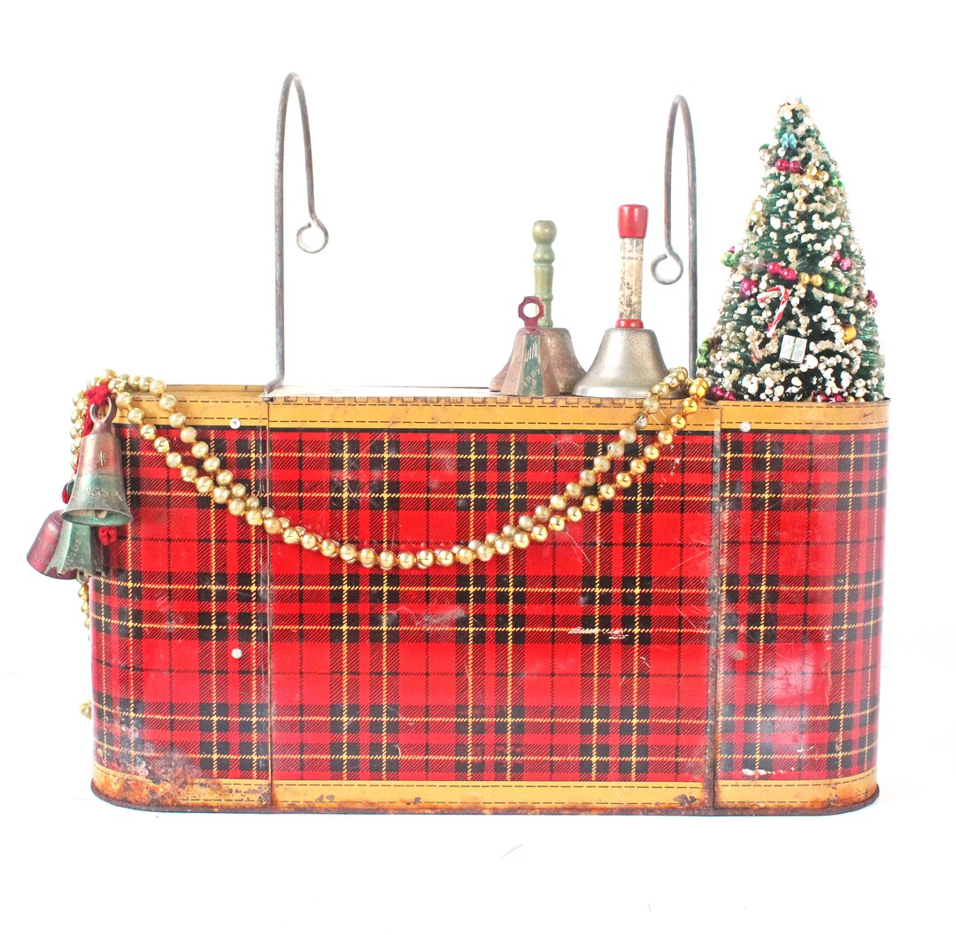 Vintage Plaid Picnic Tin, Car Snac Tin, Red and Black Plaid, Vintage
