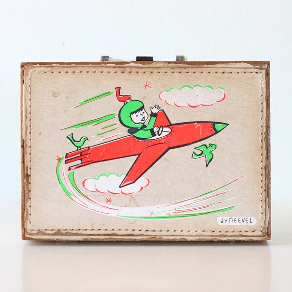 Vintage Space Suitcase - Boy on a Rocketship, by Neevel