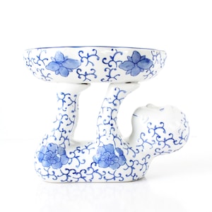 Vintage Blue and White Ceramic Monkey Dish, Chinoiserie Pedestal Bowl, Vintage Home Decor