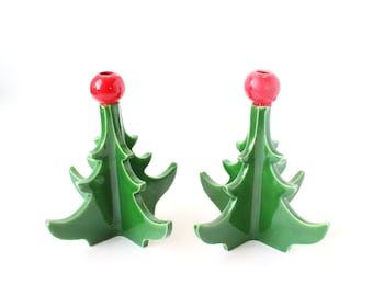 Conjunto de 2 castiçais vintage em formato de árvore de Natal, estilo retrô, decoração kitsch natalina, decoração vintage para casa.