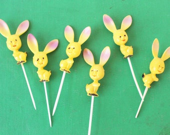 Vintage Bunny Rabbit Cupcake Toppers, Yellow Bunnies, Set of 6, Vintage Easter Decor