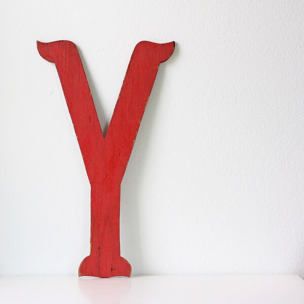 Vintage Large Red Wooden Letter Y