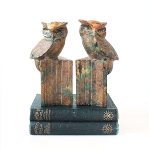 Vintage MCM Owl Bookends, MCM Decor, Retro Style, Vintage Home Decor, Gold, Green Patina, Mid Century Modern, Vintage Office, Brutalist