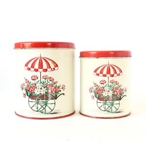 Vintage Umbrella Tins, Flower Cart, Kitchen Canister Set, Set of 2, Decoware, Rain Boots, Red and White, Cottage Core, Vintage Home Decor