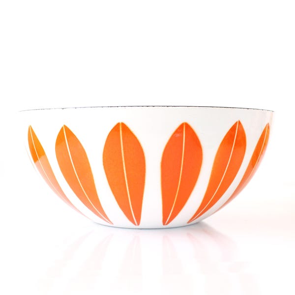 Vintage Cathrineholm Enamel Bowl, Orange and White Lotus Design, 11" Diameter, Retro Mod, MCM Kitchen Decor