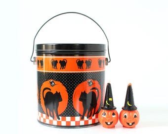Vintage 1989 Halloween Tin: Indecco Black Cat Candy Canister