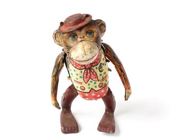Vintage Monkey Toy, Tin Litho Wind Up, by Inakita, Japan, Circus Theme, Vintage Home Decor