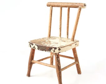 Vintage Little Chair, Chippy White Paint, Wooden Doll Chair, Primitive Home Decor, Vintage Home Decor