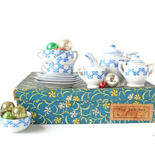 Vintage Blue White Tea Set, Teapot and Cup Set, Blue White Checkered. Blue White Check, Vintage Tea Set, Tea Set in Box, Ceramic Tea Set