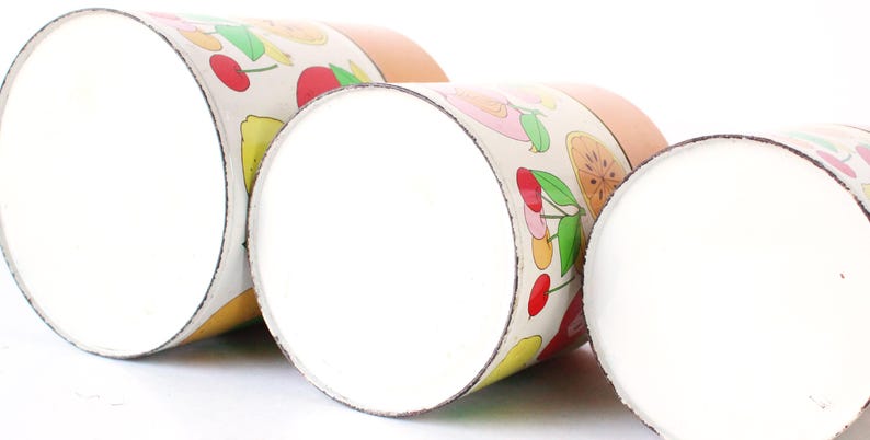 Vintage Mod Fruit Canisters, Set of 3, Colorful Fruit Design, Retro Kitsch, Kitschy Kitchen, Retro Kitchen Tins image 6