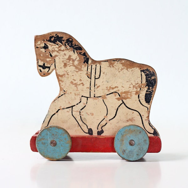 Vintage Toy Horse - Primitive Wood Horse on Wheels