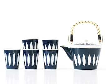 Vintage Lotus Tea Set, Teapot and Cups, Navy Blue and  White Ceramic Tea Set