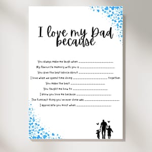 Fête des pères à imprimer pour les enfants | Feuille de travail J'aime mon père | Cadeau fête des pères de la part d'un enfant | Questionnaire pour papa, activité PDF