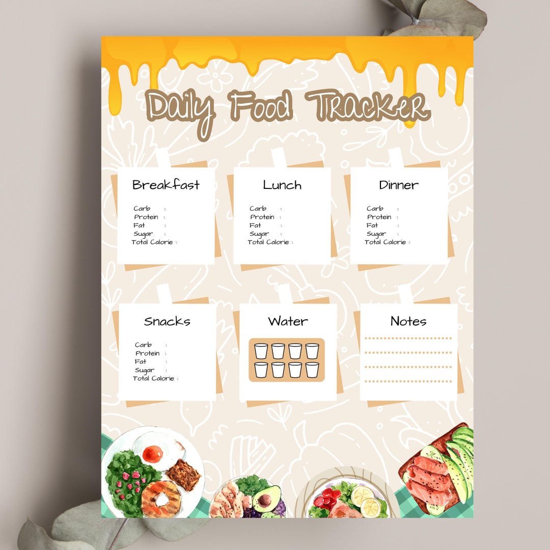 Daily Food Tracker Printable 8.5x11 - Meal Calorie Log & Water Tracker ...