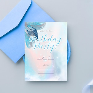 Blauwe pastel verjaardagsuitnodiging 5 x 7 - afdrukbare sjabloon voor uitnodiging voor kinderfeestje - direct downloaden - bewerkbare invulverjaardagskaart