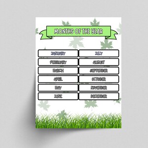Afdrukbare maanden van het jaar | Educatieve kaart voor kinderen van 8,5 x 11 inch | Wanddecoratie kleuterklas | Thuisschoolposter | Direct downloaden