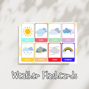 Flashcards de previsão do tempo para crianças | PDF para impressão em formato A4 | Cartões de aprendizagem para crianças pequenas | Gráfico de previsão do tempo para pré-escola | Auxílio visual para educação domiciliar