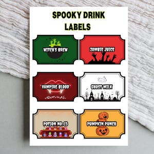 May include: A sheet of Halloween-themed drink labels. The labels feature spooky names like "Witch's Brew," "Zombie Juice," and "Vampire Blood." Each label has a unique design with illustrations of a witch's cauldron, zombie hands, and a vampire's mouth.