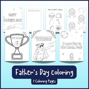 Dibujos para colorear del Día del Padre para niños: 7 divertidas hojas imprimibles. Actividad del Día del Padre: Superpapá, Trofeo, Luna. PDF de la letra de EE. UU.