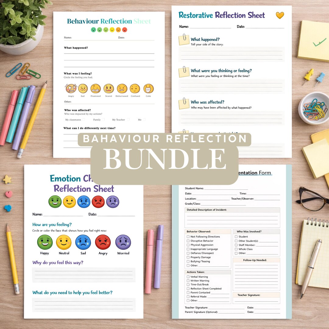 Behavior Reflection Sheet Bundle Printable | Restorative Think Sheet ...