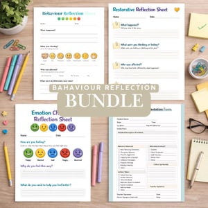 May include: A bundle of behavior reflection sheets and an emotion chart. The sheets include prompts for self-reflection, with sections for feelings, actions, and solutions. The bundle includes a variety of forms for different needs, with colorful accents and clear layouts.