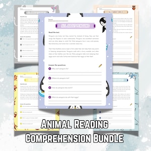 Animal Reading Comprehension Bundle PDF – 5 Fun Worksheets for Kids | Nonfiction Passages + Questions | Printable 8.5x11