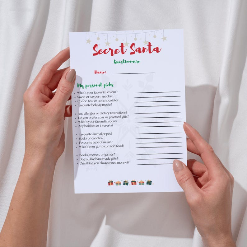 Secret Santa Questionnaire Printable | Christmas Gift Exchange Organizer | Holiday Party ...