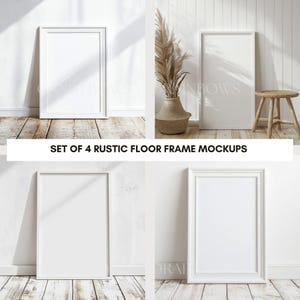 Könnte beinhalten: Set aus vier weißen Bilderrahmen auf einem rustikalen Holzboden. Die Rahmen sind leer und bereit für Ihre Fotos oder Kunstwerke.