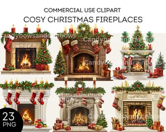 Cosy Christmas Fireplaces Clipart - 23 High Quality PNG Images - Christmas Themed Fireplaces Printable Graphics - Commercial Use Allowed