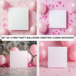 Maqueta de tarjeta de felicitación con globos de fiesta de color rosa - Maqueta de globos y confeti de fiesta de color rosa - Maqueta de felicitaciones - Uso comercial