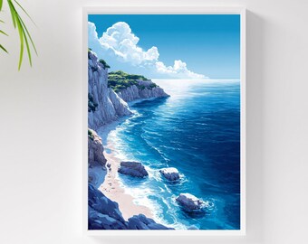 Rocky Shoreline Ocean Print - Realistic Ocean Print - Aesthetic Ocean Print, Nature Wall Art Poster, Digital Download