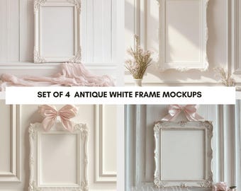White Antique Frame with Pink Coquette Bow Mockup - Frame Mockup - Antique Frame Mockup -  Commercial Use