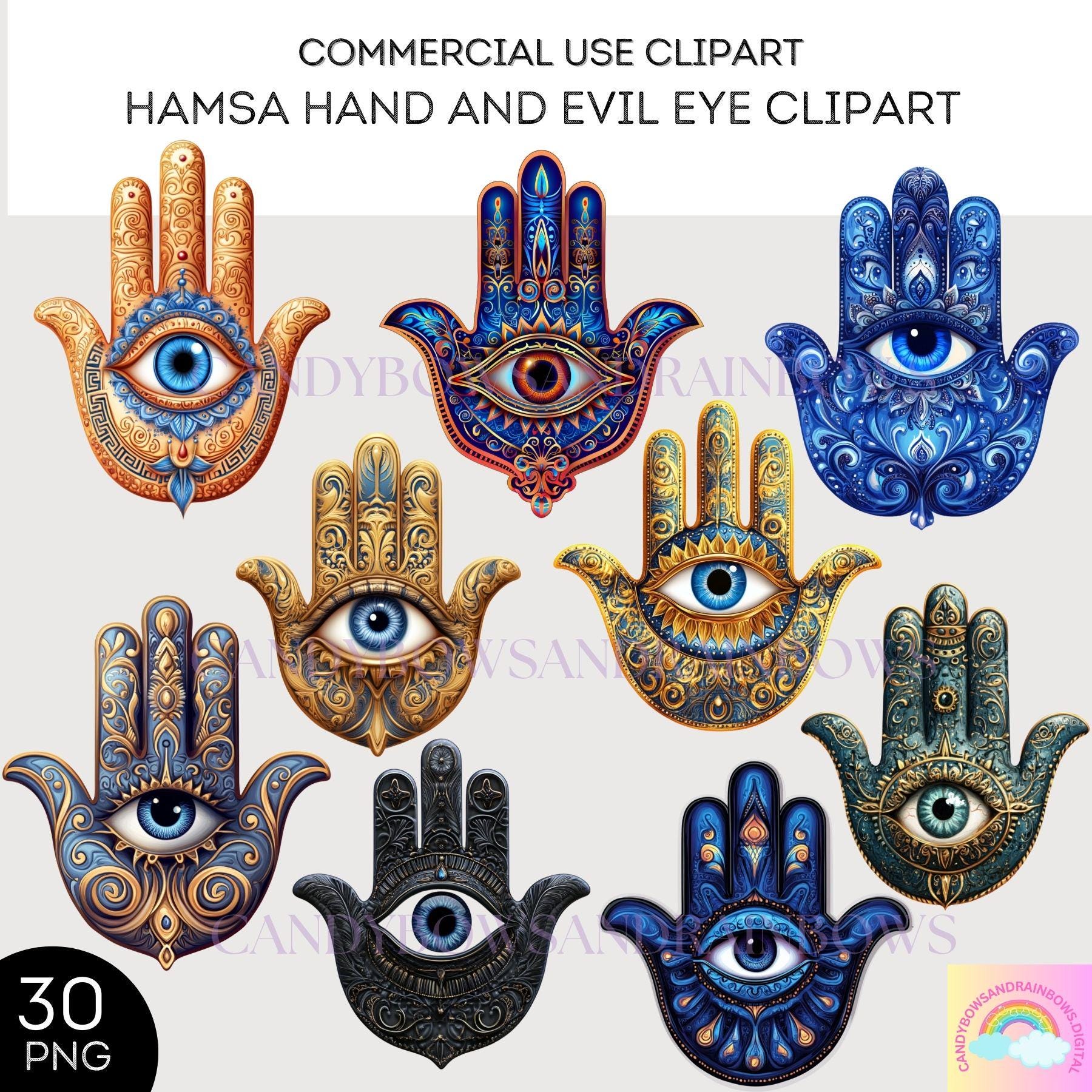 Hamsa Hand including Evil Eye  Clipart - 30 PNG Images of Hamsa Hands - Commercial Use Allowed