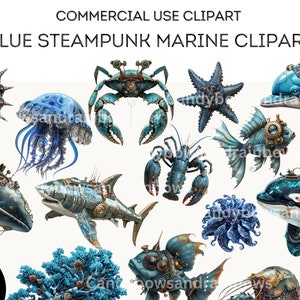 Clipart marin steampunk bleu - 41 images PNG de la vie marine steampunk - usage Commercial autorisé - dauphin, baleine, tortue de mer, orque, homard