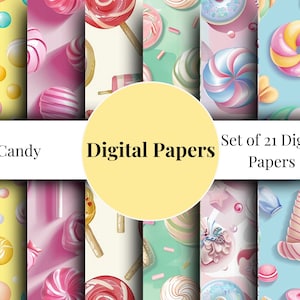 May include: A set of 21 digital papers featuring a variety of colorful candy designs. The papers include lollipops, candy canes, gumdrops, and other sweet treats. The papers are perfect for scrapbooking, card making, and other craft projects.