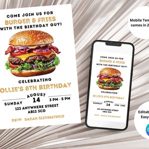 EDITABLE Burger Birthday Party Invitation  Template DIGITAL DOWNLOAD Cheeseburger  Birthday Party Invite - Fast Food Birthday Party