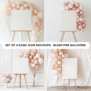 Maqueta de letrero de caballete - Maqueta de fondo de letrero de bienvenida - Maqueta de letrero de caballete con globos rosa ruborizado - Maqueta de letrero de fiesta - Uso comercial
