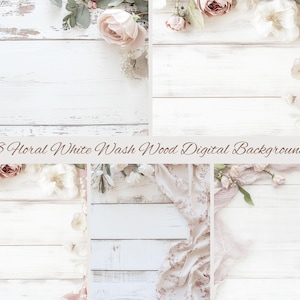 May include: 18 digital backgrounds featuring whitewashed wood with floral accents. The backgrounds are perfect for adding a touch of rustic charm to your digital designs.