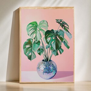 Plantador de bola de discoteca fofa, impressão de planta Monstera - Impressão de planta Monstera fofa - Impressão de Monstera estética, pôster de arte de parede feminino, download digital