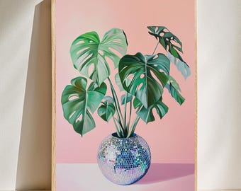 Cute Disco Ball Planter Monstera Plant Print - Cute Monstera Plant Print - Aesthetic Monstera Print, Girly Wall Art Poster, Digital Download