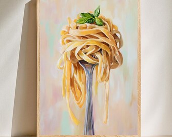 Pasta twirled round a silver spoon  Print - Cute Foodie Art Print -  Girly Kitchen Wall Art, Digital Download