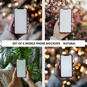 Mockup di telefono cellulare - Sfondo naturale Telefono in mano Mockup di telefono cellulare - Mockup di telefono cellulare - Schermo bianco mobile - Uso commerciale