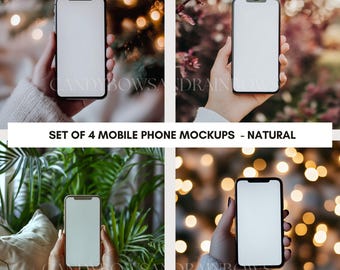 携帯電話のモックアップ - 自然な背景の手に持った携帯電話のモックアップ - 携帯電話のモックアップ - 白い画面の携帯電話 - 商用利用