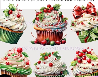 Festive Red and Green Christmas Cupcakes  Clipart - 20 High Quality PNG Images -  Cupcake Printable Graphics - Commercial Use Allowed