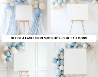 Easel Sign Mockup - Welcome Sign Background Mockup - Blue and Cream Balloons Easel Sign Mockup - Party Sign Mockup - Commercial Use