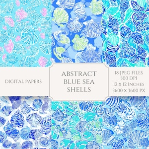 Papeles digitales abstractos de conchas marinas azules - 18 archivos JPG - 30 x 30 cm - 300 DPI - Uso comercial permitido