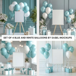 Staffelei Schild Mockup - Blaue und weiße Luftballons mit Willkommensschild Mockup - Hochzeit Staffelei Schild Mockup - Party Schild Mockup - Kommerzielle Nutzung