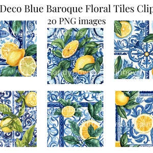 Art Deco Blue Baroque Floral Tiles Clipart- 20 obrazów PNG z niebieskimi i żółtymi cytrynami Clipart - dozwolone użycie komercyjne